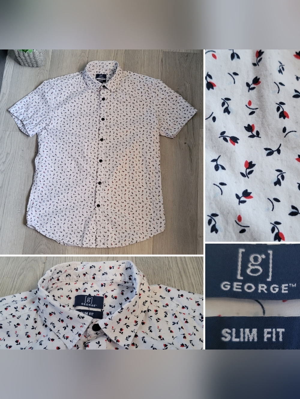 George Slim Fit Floral Button-down Short Sleeve Collared Shirt, Men Small 34-36